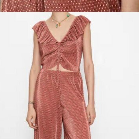 ZARA Pleated ruffled polka dot ruched top brick size S - Picture 2 of 3